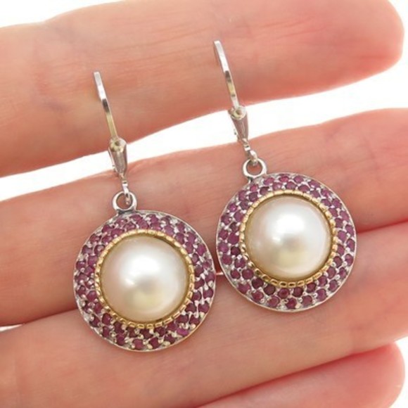 Jewelry - CHAPAL ZENRAY 925 Sterling Silver 2-Tone Real Pearl & Ruby Dangle Earrings